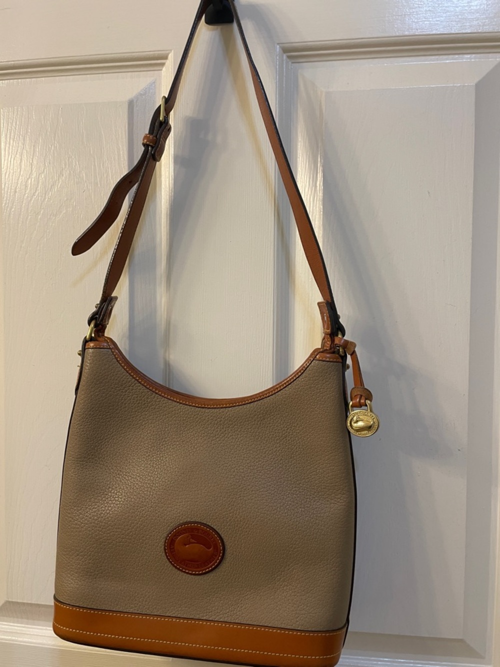 Vintage Dooney & Burke All Weather Leather Shoulder Bag in Taupe and Tan